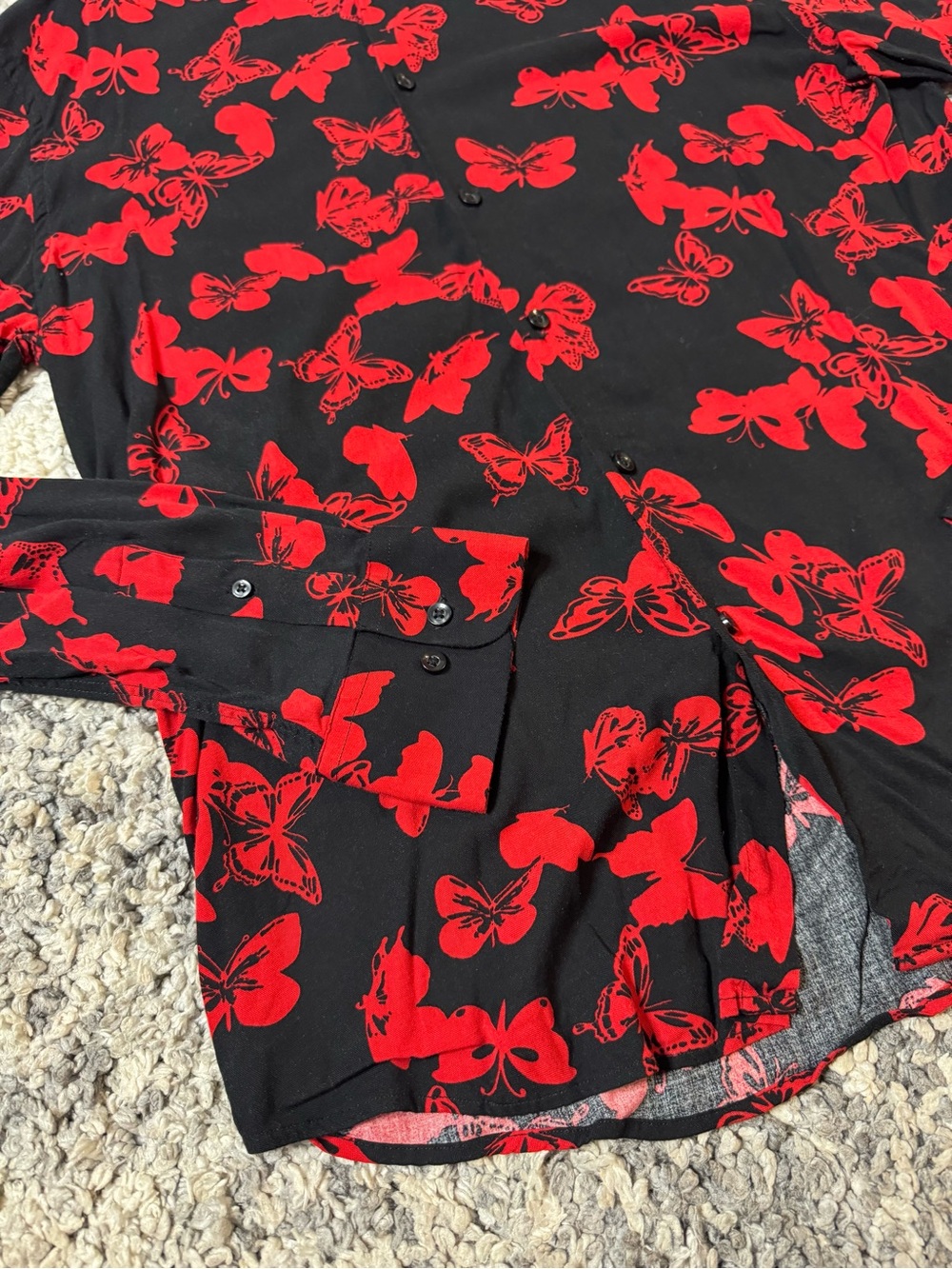 Fashion Nova, Men’s Black Long Sleeve Button-Down Shirt with Red Butterfly Print - Picture 3 of 6